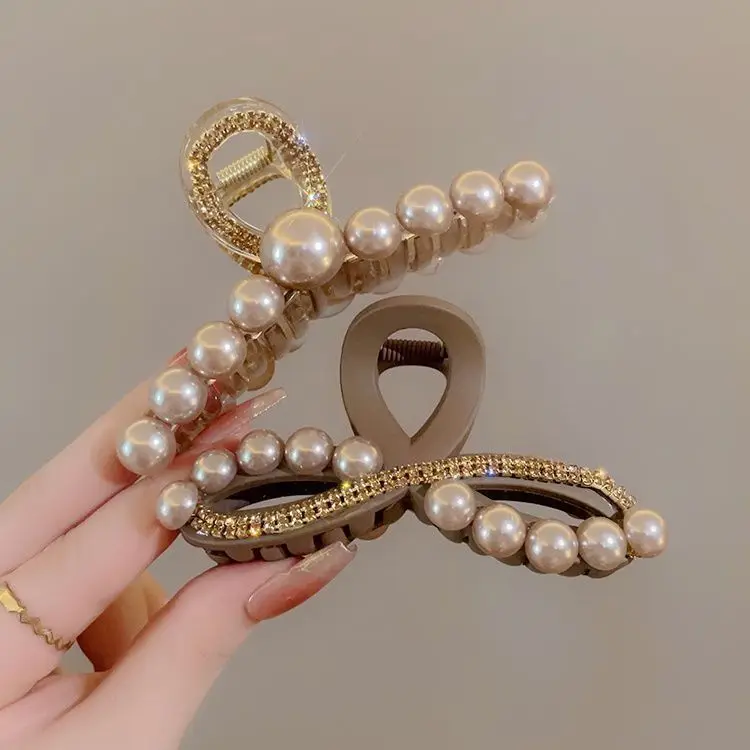 Champagne Color High-end Imitation Pearl Rhinestone Large Fashionable Girl\'s Back Hair Clip