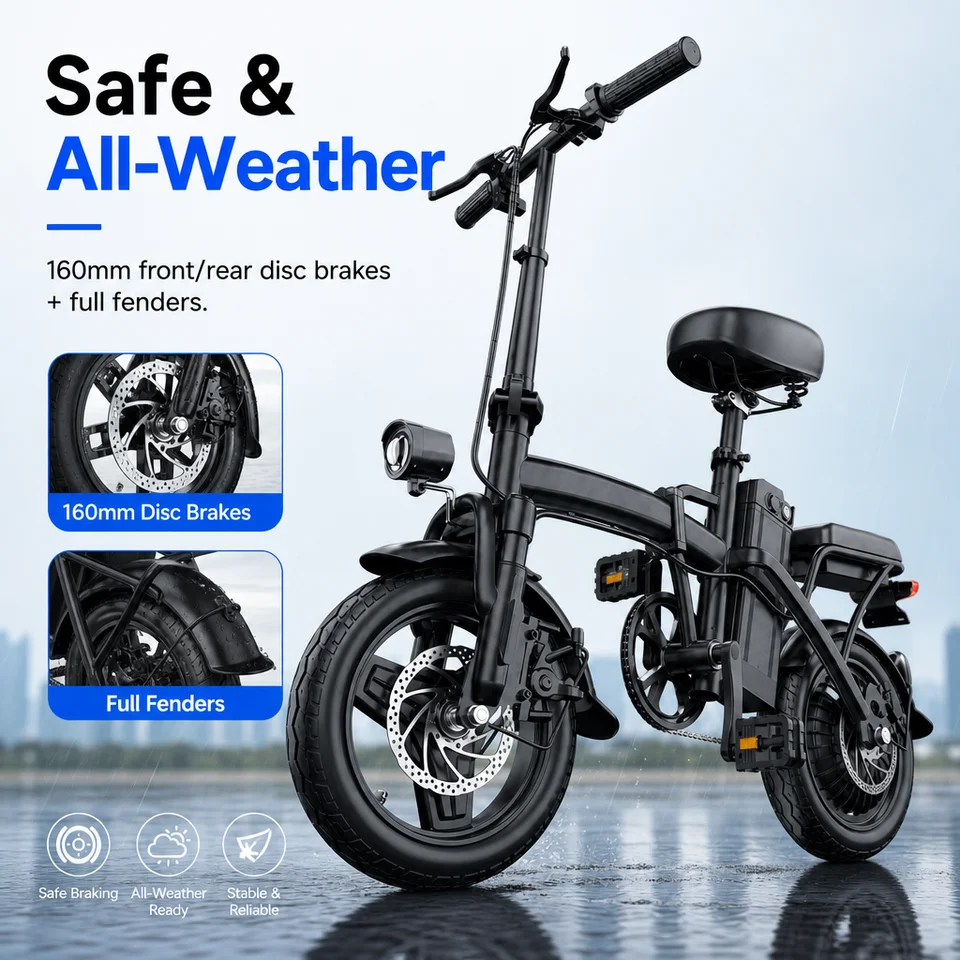 Compact 14" 500W Folding Electric Bike 3 Riding Modes, 32km/h Top Speed, 30km Pedal-Assist Range, 150kg Max Load, 160mm Disc Brakes, 6H Fast Charge, 20% Hill Climb, Universal 150-180cm Fit, Lightweight 22.8kg E-Bicycle image 3