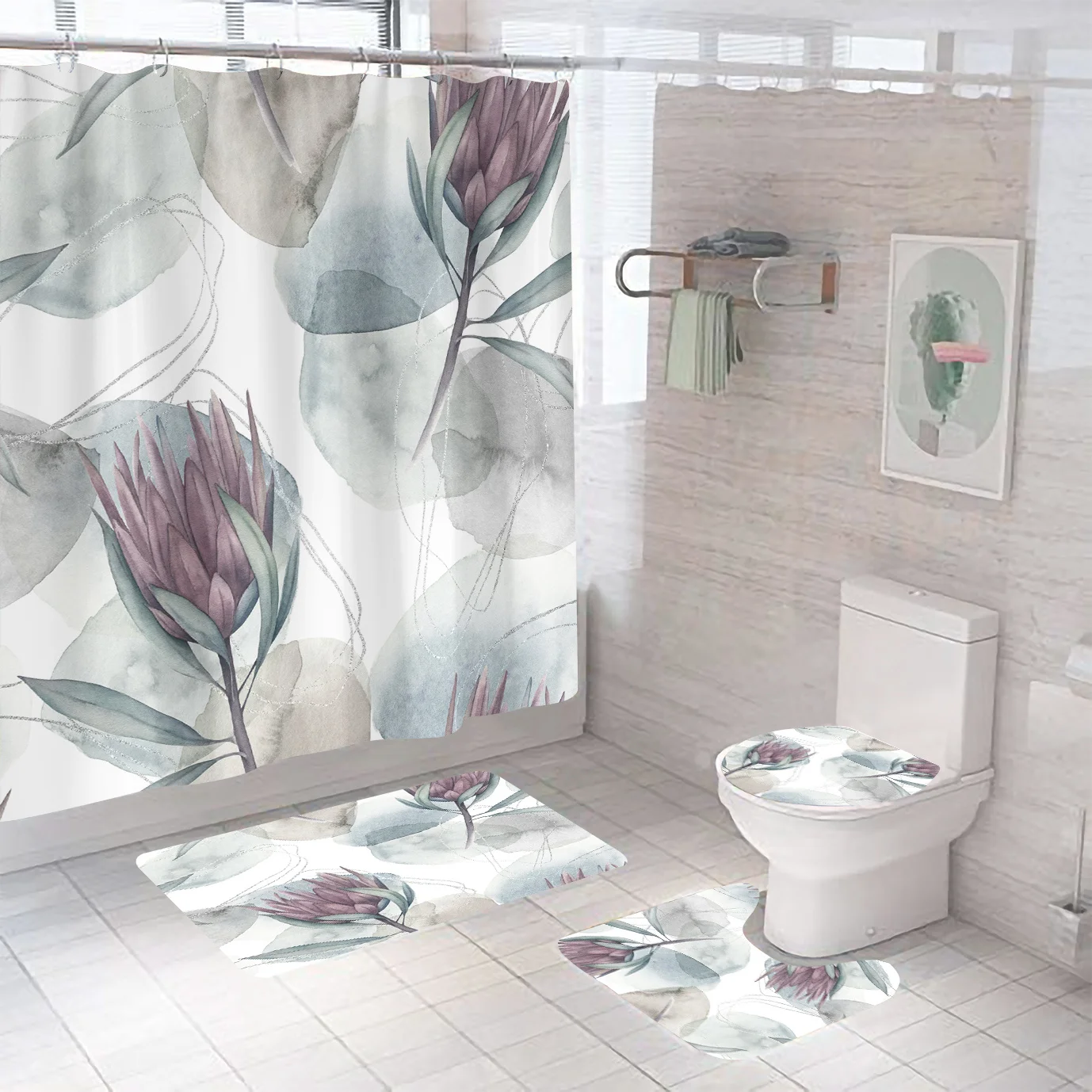 

4pc Watercolor King Protea Bathroom Set - Shower curtain + rug + toilet seat, U-shaped mat, elegant purple floral decorations