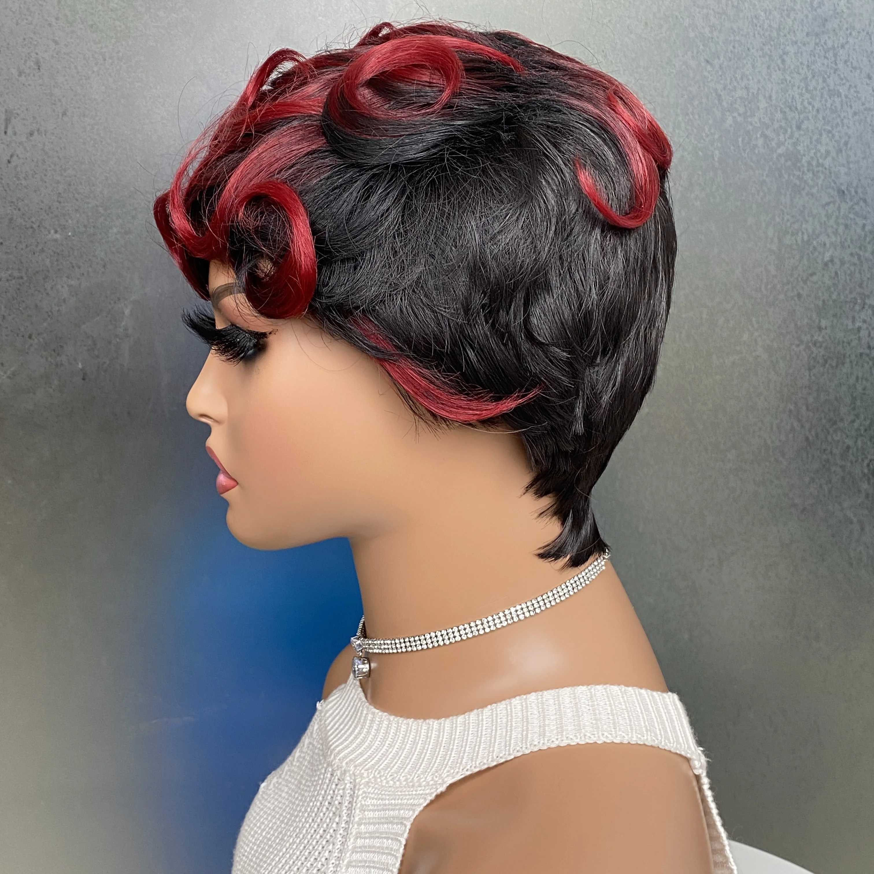 شعر مستعار اصطناعي قصير أومبير مع دقات للنساء السمراوات ، تسريحات شعر مجعدة أفرو ، شعر مستعار بقصة بيكسي ، شعر بورجوندي #4