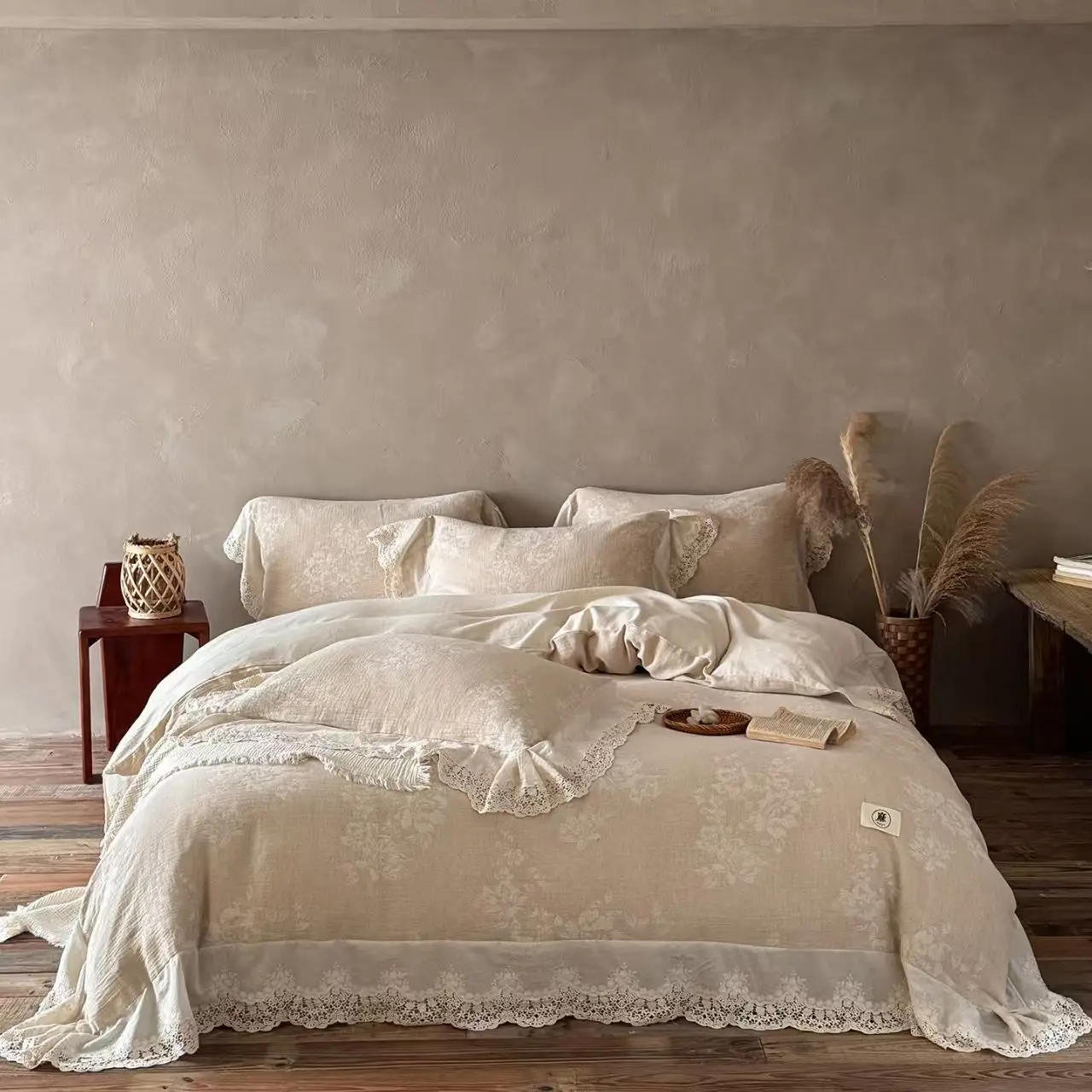 

4pcs Natural Cotton Linen Bedding Set Jacquard Lace Duvet Cover Double Queen King Size Bed Sheet Pillowcase Quilt Cover Bedlinen