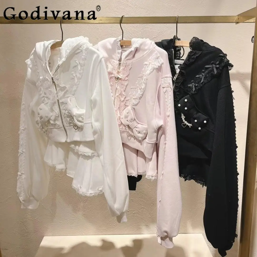 

Japanese Liz Mine Bow Lace Cute Girly Hooded Long Sleeve Top Cardigan Jacket and Skirt 2 Piece Sets Womens Lolita Outfits Spring