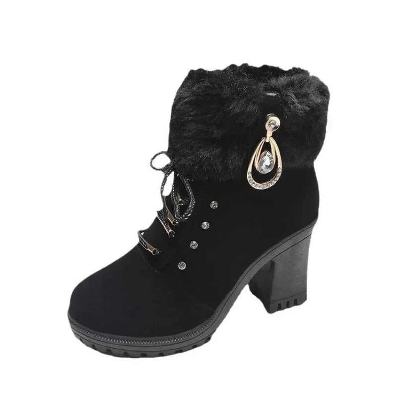 Women\'s boots autumn/winter rhine-diamond high heel leather boots Short pipe cold-proof warm waterproof fashion ankle boots