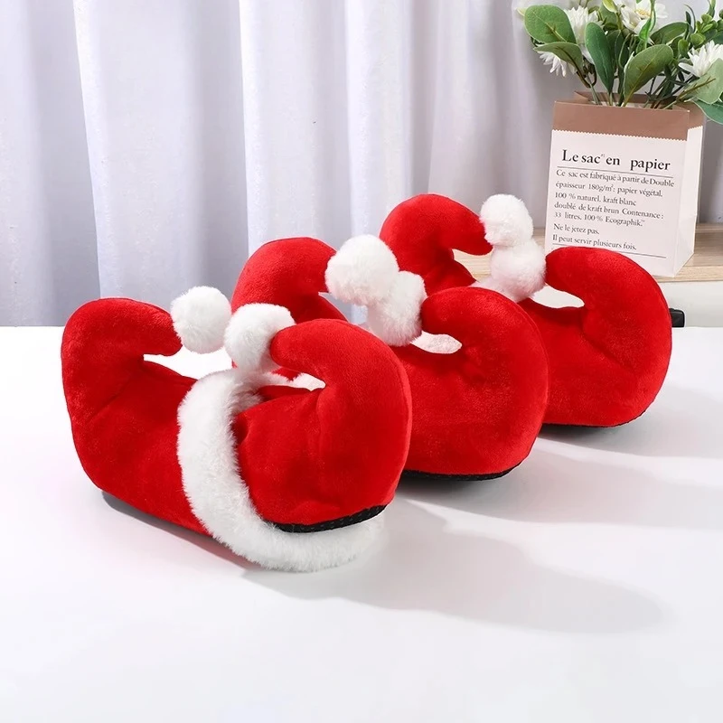 Christmas Red Plush Cotton Slippers Cute Santa Claus Elf Design Indoor Footwear for Holiday Home Wear Party Decoration - Image 3
