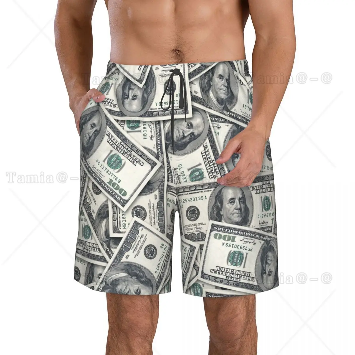 Men Beach Short Quick-drying Swimming Trunk US Dollar Currency Money Pattern Swimwear Swimsuit Bathing Shorts