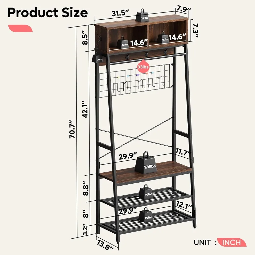 رف معطف المدخل المضيء بإضاءة LED مع مقعد وتخزين الأحذية وسعة كبيرة لتنظيم المدخل
