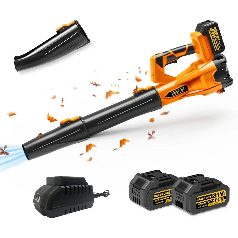 

Беспроводная воздуходувка для листьев, шестискоростная регулировка 450CFM/125MPH, батареи 2*4,5 Ач, 21 В, мощный двигатель из медной проволоки с 3 трубками, Lig