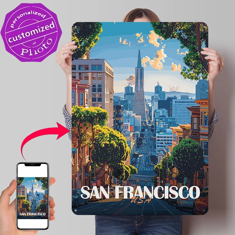 San Francisco Cityscape Poster Retro 3D Printed Metal Signs Customized Wall Hanging Gift for Bedroom Decoration Room Tin Sign