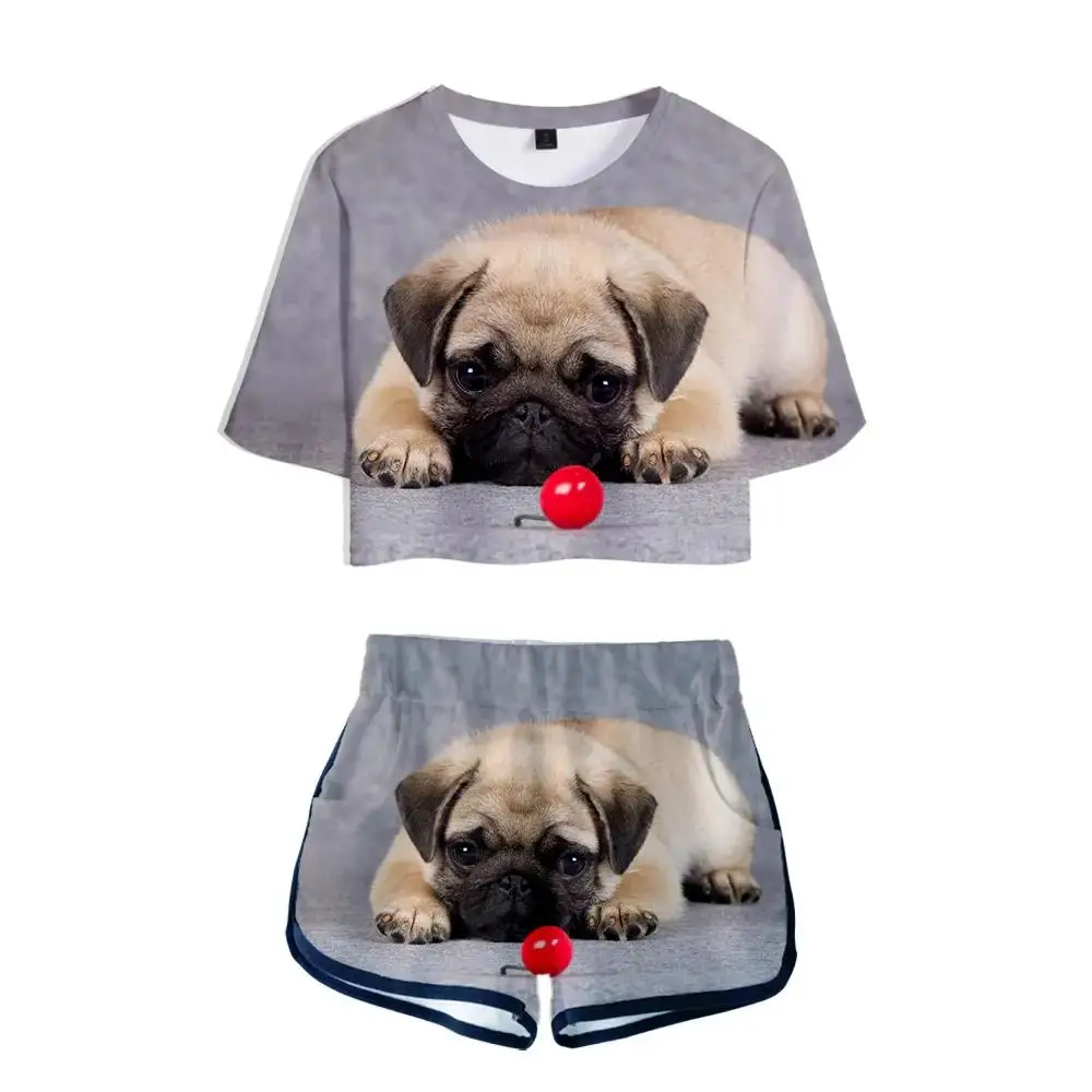 Summer 3D Pug Exposed Navel T-shirt+Shorts Women's Two-piece Sets Fashion Animal Dog Casual Girl's Yellow+White Two-piece Sets