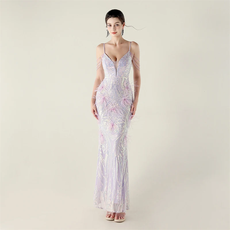 

Summer Women's Clothing Spaghetti Strap Deep V Neck Backless Feather Sequin Beading Prom Party Evening Long Maxi Dress