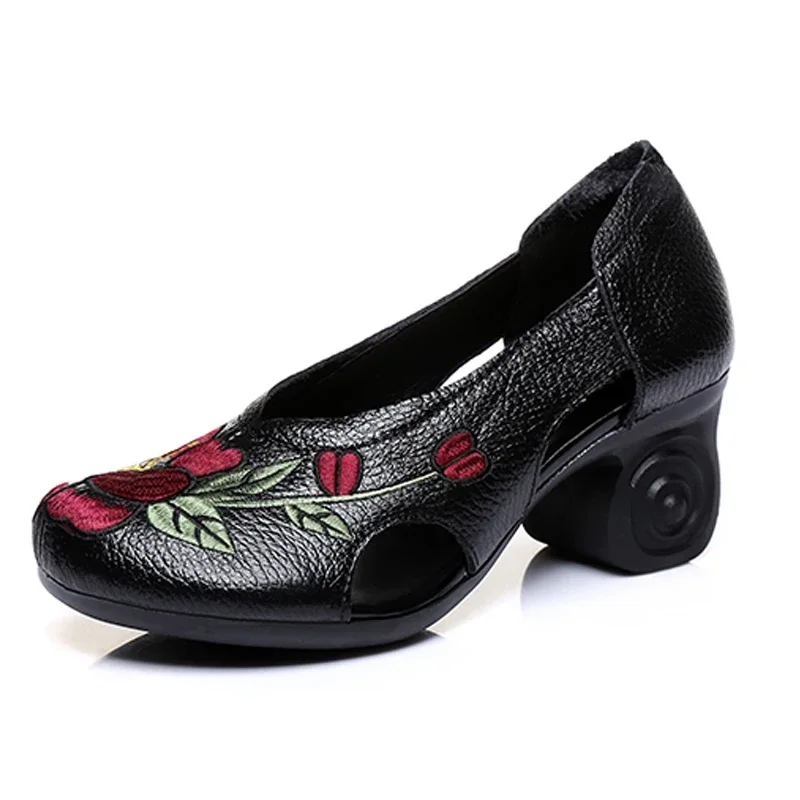 MVVJKE Spring Summer Pumps Women Shoes Slip on Embroider Vintage Floral Shoes Ladies Chunky Heel Genuine Leather Sandals