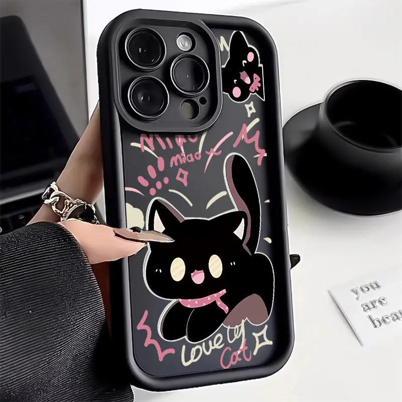 New Little Black Cat Cute Couple Phone Case For iPhone 16 15 14 13 PRO MAX 11 12 13 PRO X XS XR 7 8 Plus Mini Y2k Cartoon Cover