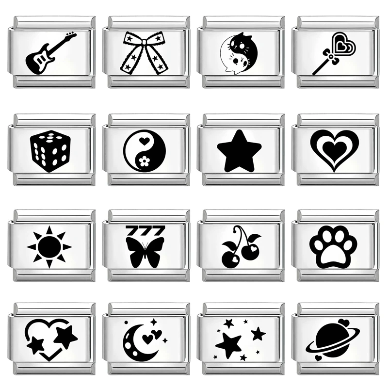 Laser Engraving Tai Chi Cat Bow Knot Heart Moon Heart  Italian Charm Links Fit 9mm Stainless Steel Bracelet Women Men DIY Making