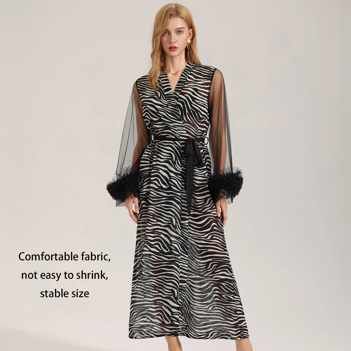Summer Women Nightgown Gown Robe Long Sleeved Striped Print Pearl Chiffon Cardigan Gown Morning Gown Pajamas Home Clothes