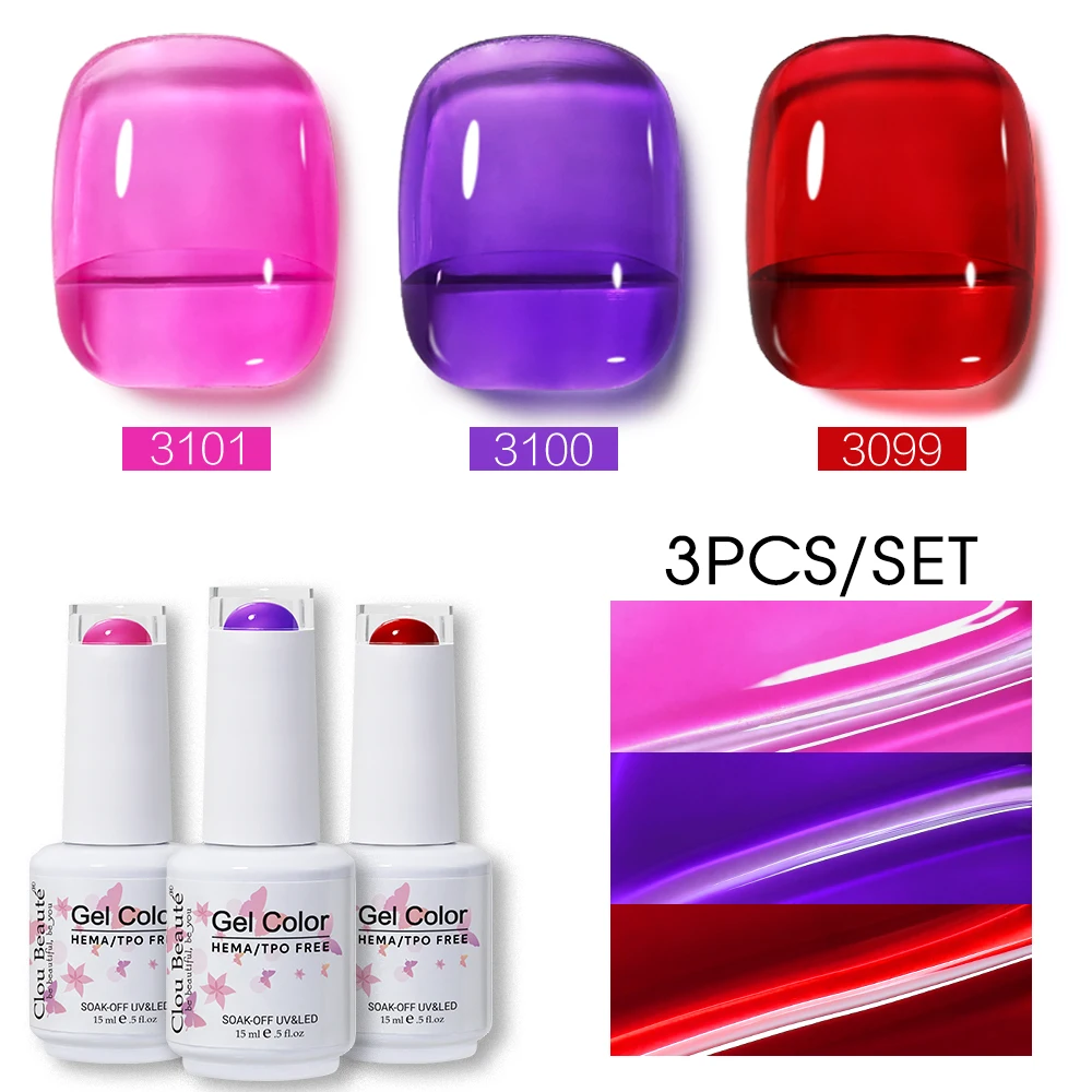 Clou Beaute 3pcs 15ml Semi-transparent Jelly Pink Skin Color Gel Nail Polish Nail Art Kit Set Professional Nail Salon Manicure