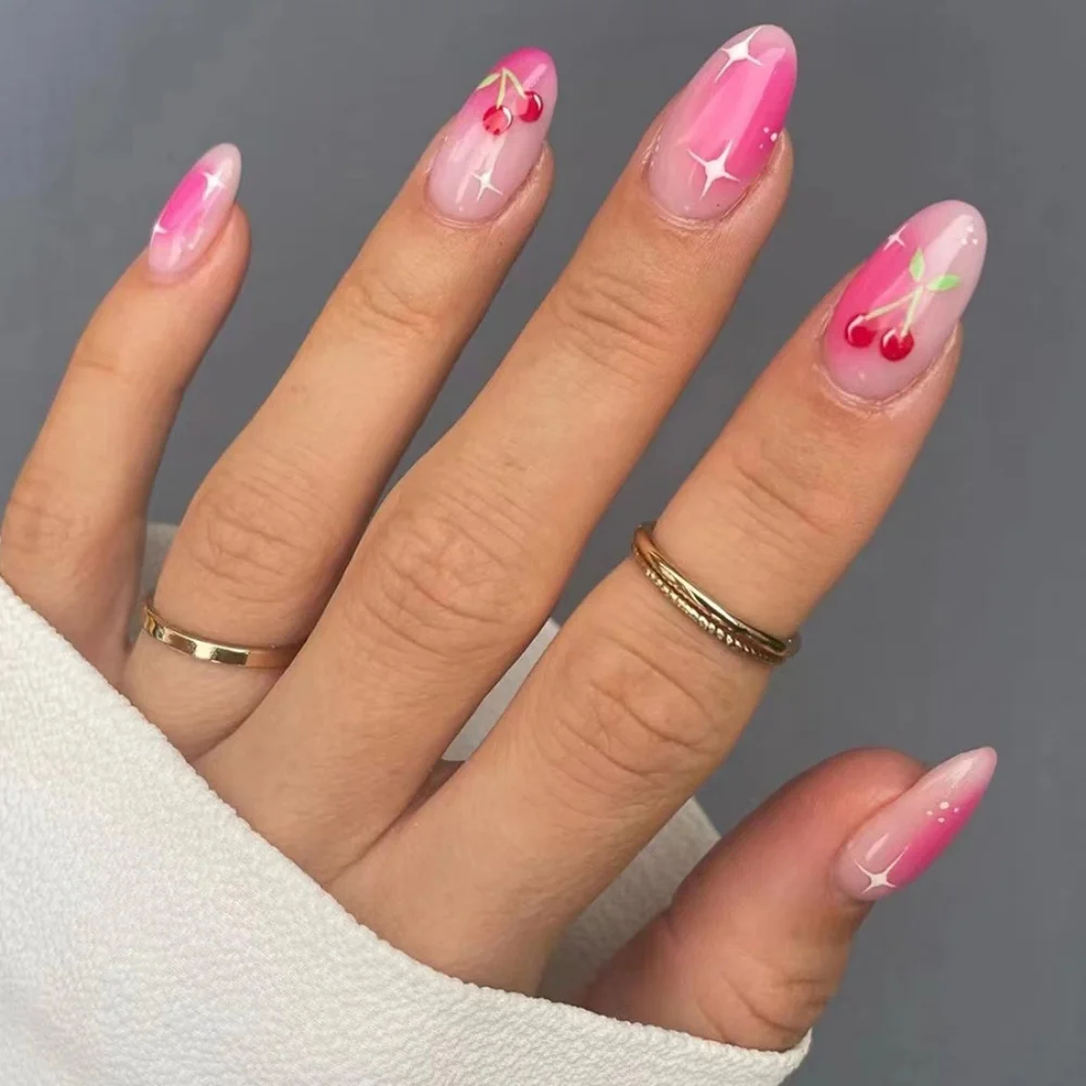 24 pçs design de flor unhas falsas gradiente rosa pó brilhante unhas falsas curto oval imprensa em unhas conjuntos moda cobertura completa dicas de unhas