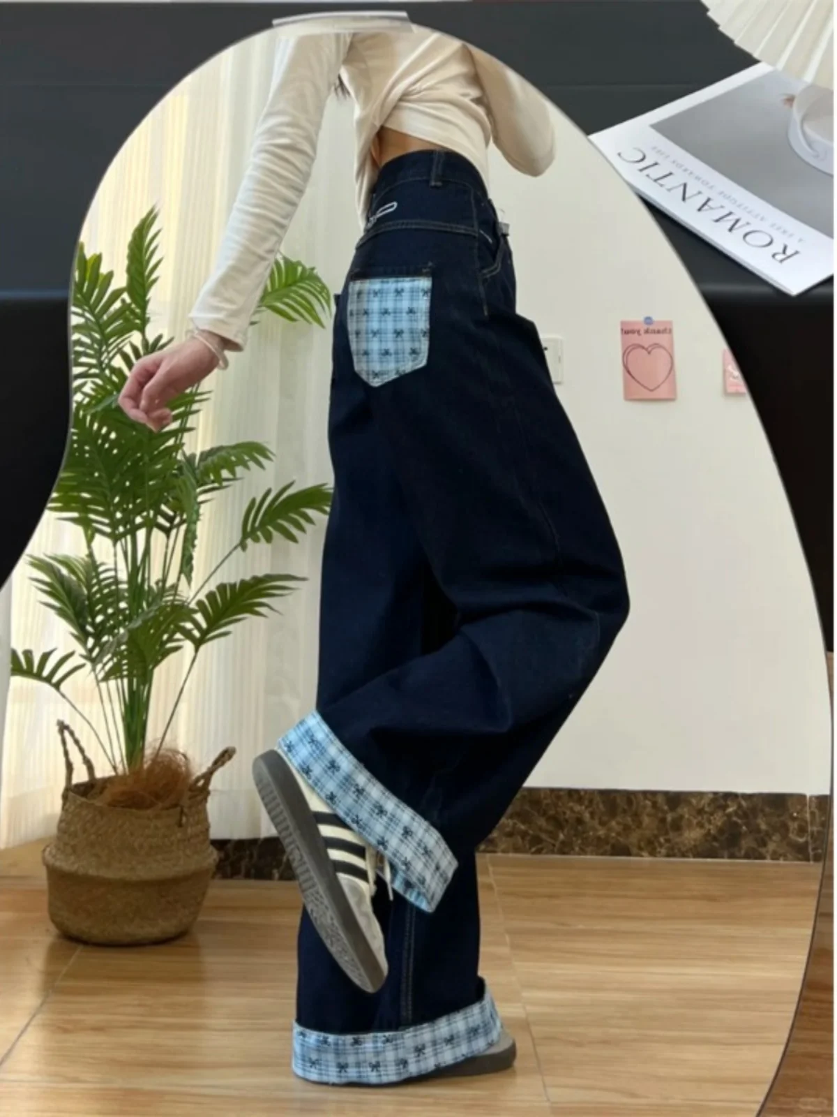

High Waist Wide Leg Retro Washed American Style Jeans Women plus Size Conceal Meat Slimming Floor Length Trousers