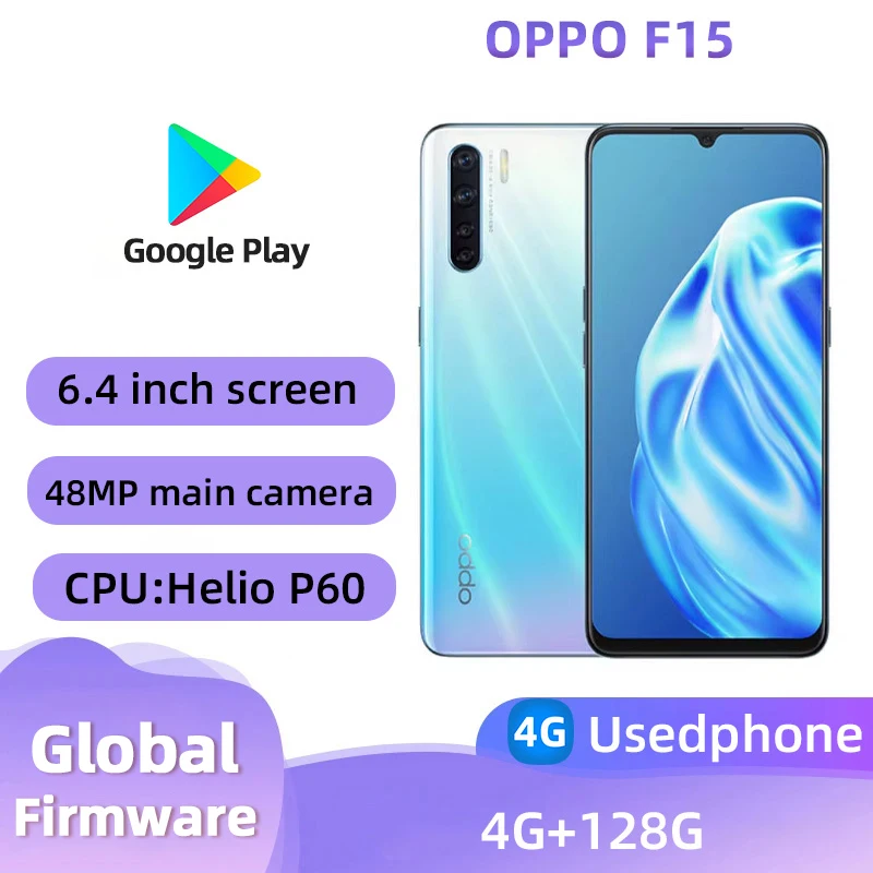 OPPO F15 4G Android 6.4inch Screen 48MP Camera CPU MediaTek Helio P60 4000mAh Battery Used Phone