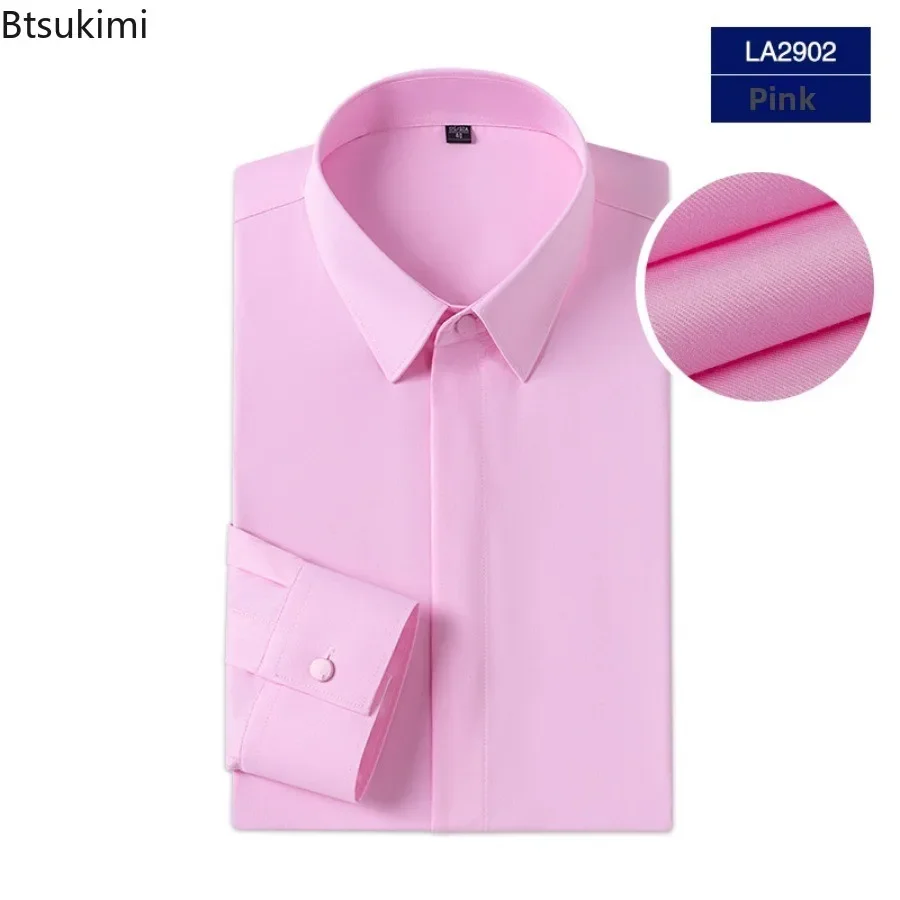 Men's Hidden Collar Bamboo Fiber Wrinkle Resistant Shirt No Ironing Business Casual Long Sleeve Shirt Wedding Groomsman Shirt