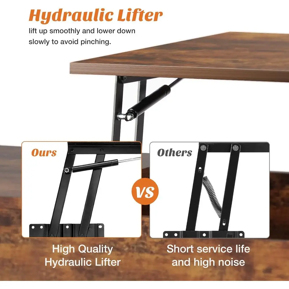 Rising Storage Coffee Table - Wooden Small Living Room Table with Hidden Compartment, Brown