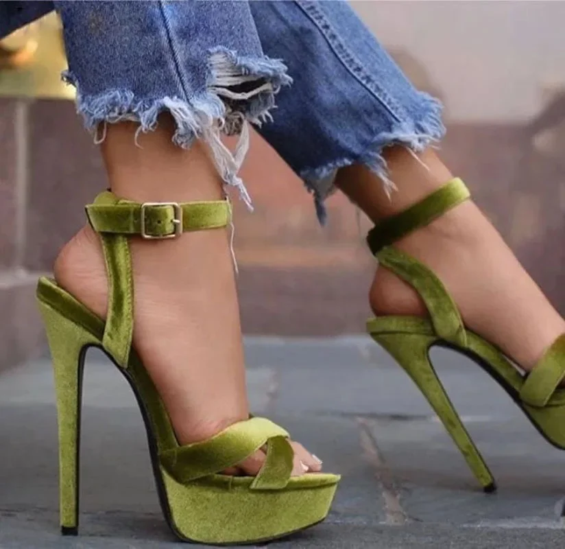 Fushia Olive Green Velvet Cross Strap Sandals Platform Open Toe High Heel Buckle Strap Shoes Thin Heels Evening Banquet Pumps