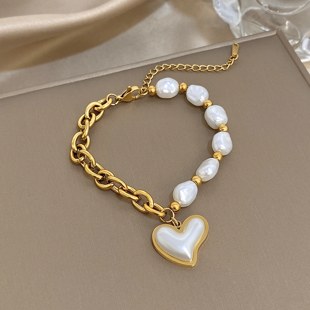 

DODOHAO Trendy Stainless Steel Chain Bracelet for Women Elegant Irregular Imitation Pearl Heart Pendant Bracelet Jewelry Gifts
