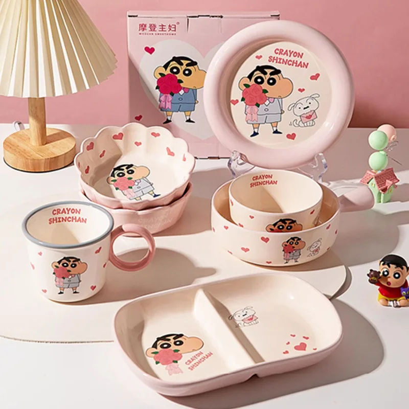 Crayon Shin Chan Ceramic Tableware Set Cute Cartoon Home Dining Bowl Pink Girl Heart Round Bowl Water Cup Plate Room Decor Gift