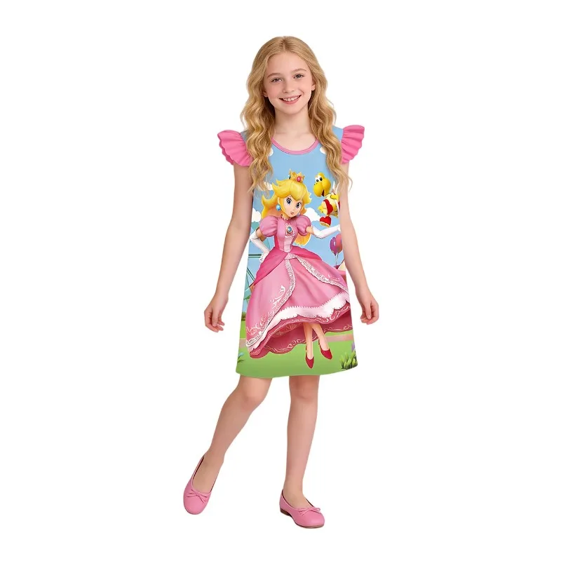 

New Halloween Cosplay Costume Super Mario Flutter Sleeve Princess Dress Carnival Theme Party Role Playing Outfits for Girls