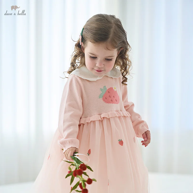 Dave Bella Princess Dress for Girls Baby Children 2025 Spring New Long Sleeved Sweet Strawberry Print Mesh Gentle Cute DB1250921