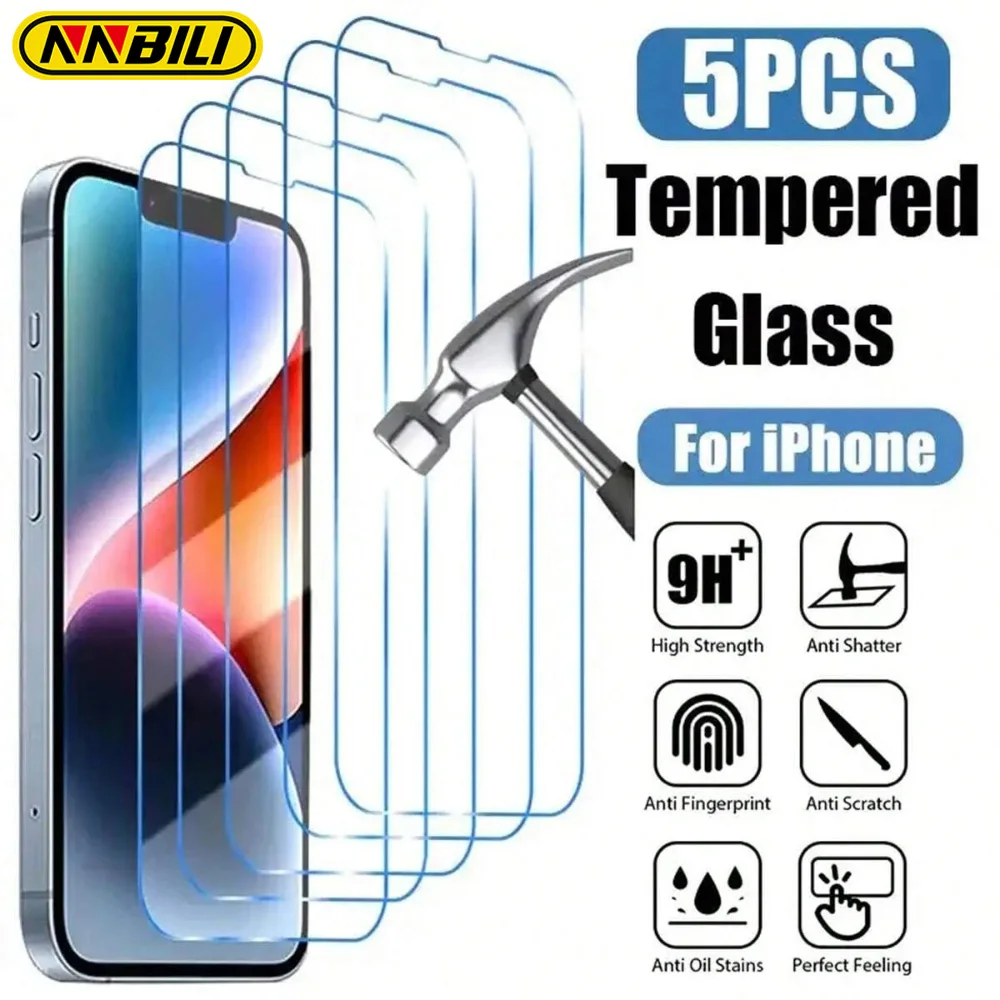 NNBILI 5Pcs HD Clear Tempered Glass for IPhone 16 15 14 13 12 11 Pro Max Screen Protector for IPhone 16e 12 13 Mini XS XR Series