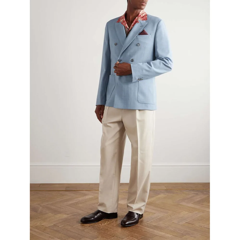 

New Fashion Men Suits Chic Peak Lapel Double Breasted Male Blazer with White Pants Sets Casual Daily Wedding Guest 2 Pieces Set