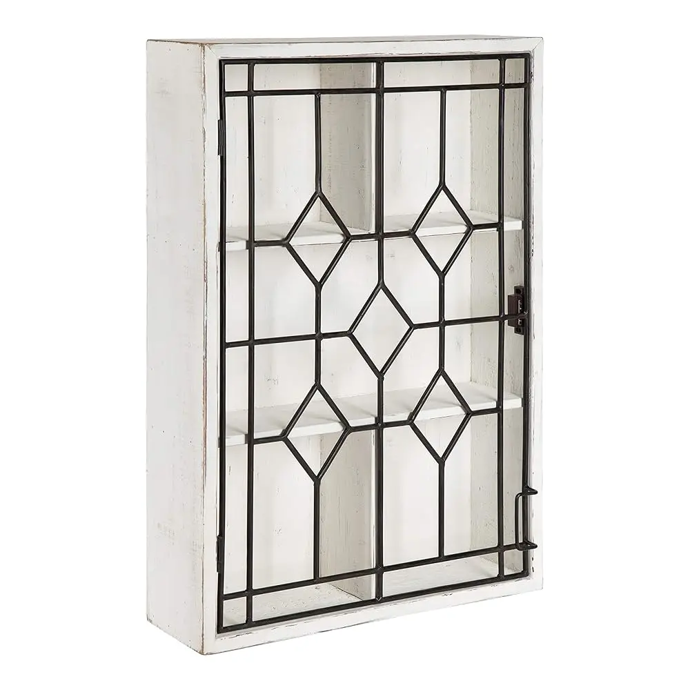 

Megara Decorative Wooden Wall Hanging Curio Cabinet For Open Storage With Decorative Bla Iron Door, Whitewash Finish