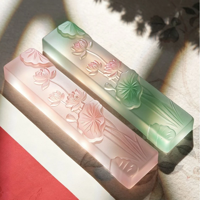 Crystal Pink Lotus 3D Relief Paperweight for Calligraphy Painting Practice Natural Traditional Chinese Paper Weight Desk Gift