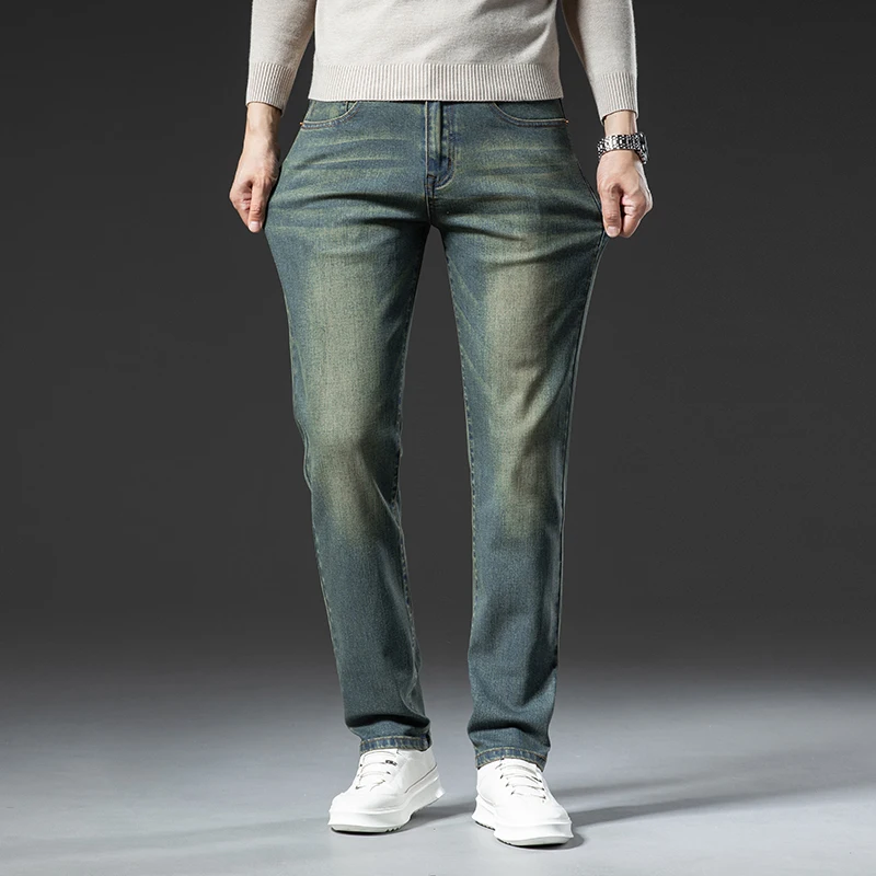 กางเกงยีนส์ฤดูหนาวคุณภาพสูงสำหรับผู้ชาย กางเกงเดนิมยืดหยุ่นบุขนหนานุ่ม อุ่นสบาย ทรงตรง สไตล์เรโทร ผ้ากำมะหยี่