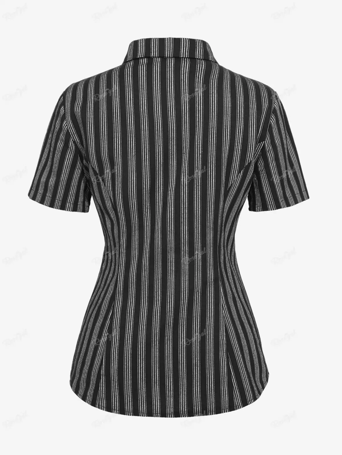 ROSEGAL Plus Size Gothic Buttons Shirt Black Turn-down Collar Skulls Mesh PU Panel Buckle Grommet Striped Patchwork Blouses Tops