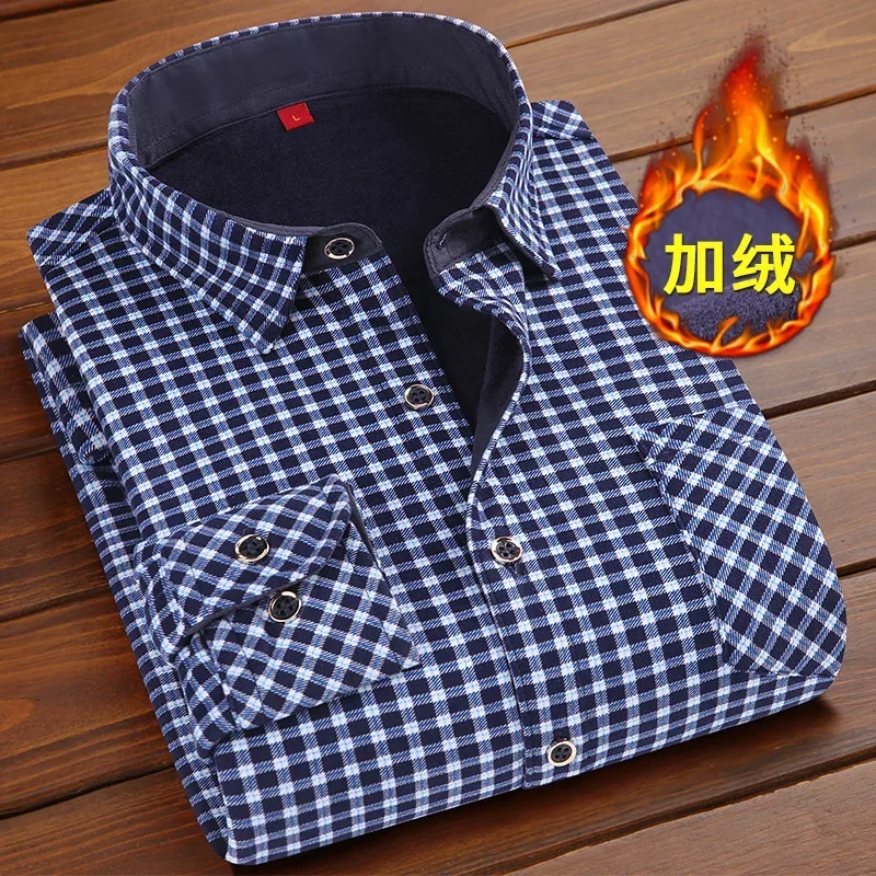 Autumn Winter Men's Plush Warm Long Sleeve Plaid Shirt Luxury Fashion Slim Elegant Social Shirts And Blouses Formal Clothing