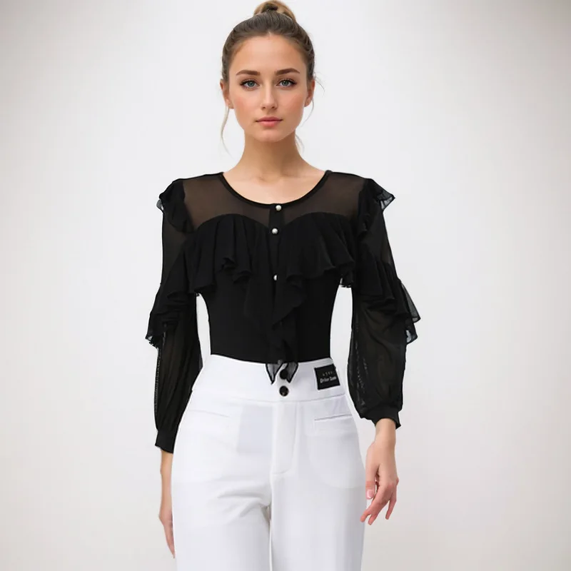 شبكة المرقعة اللاتينية ممارسة الرقص دعوى قاعة الرقص البطن زي طويلة الأكمام أعلى المرأة الفالس الكلاسيكية خط جديد الراين قميص