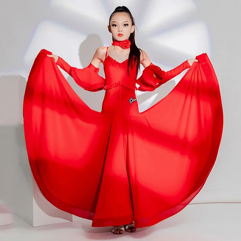 

Girls Ballroom Dance Competition Dress Red Performance Costume Kids Waltz Dance ClothesProm Latin Dress Stage Wear