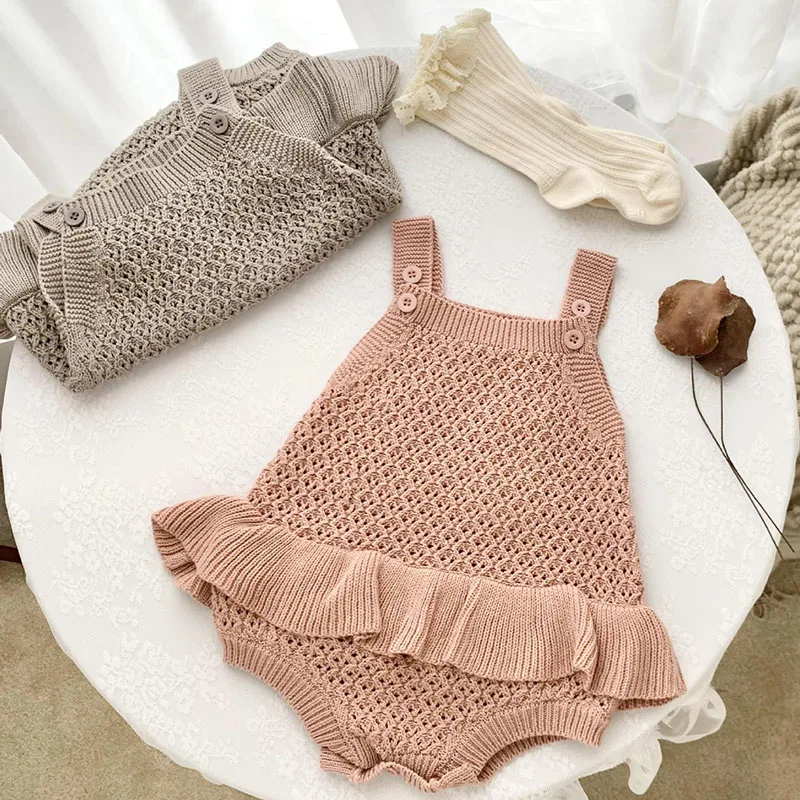 Autumn Spring Infant Baby Girls Knitting Jumpsuit Sleeveless Solid Color Hollowed Out Knitting Newborn Baby Girls Bodysuits