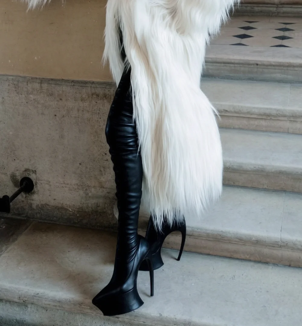 Women Light Pink Over‑the‑Knee Platform Boots Pointed Toe Unique High Heel Leather Thigh‑High Boots for Club Party
