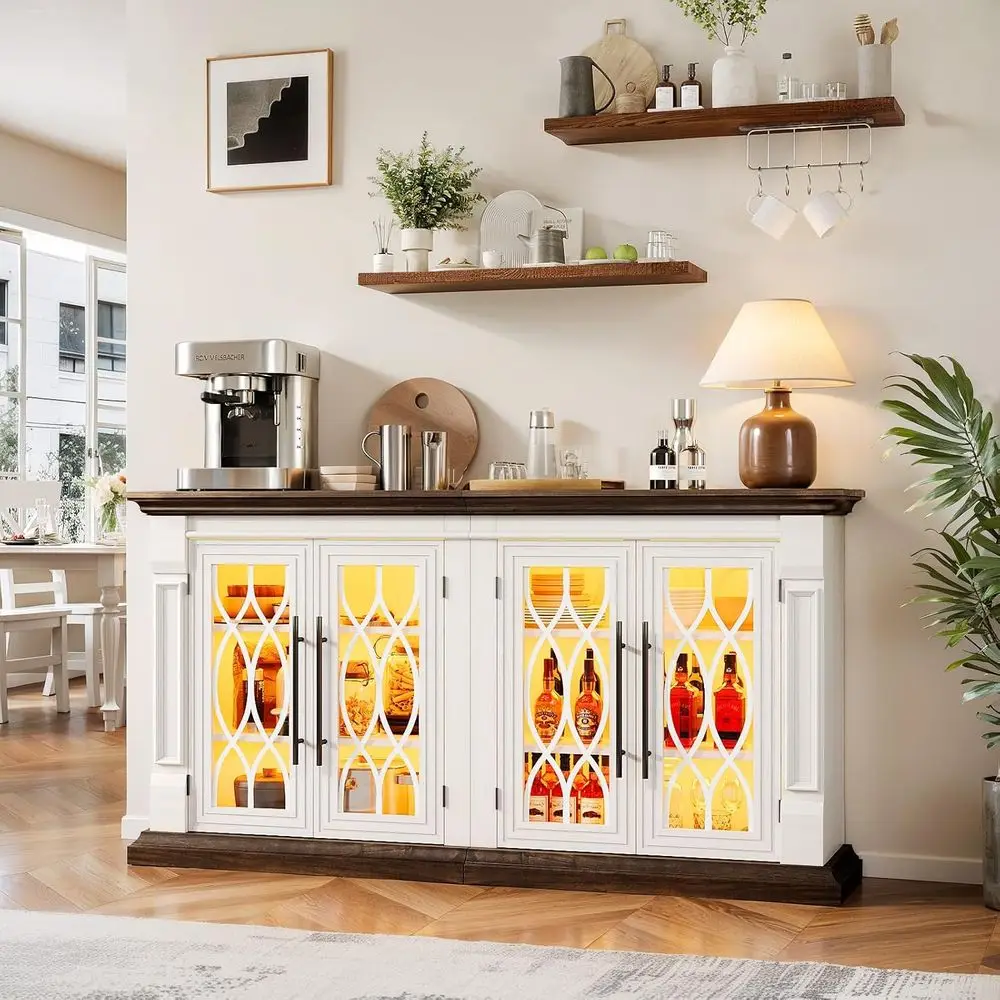 

60 Armhouse Buffet Sideboard with Glass Doors & LED Lighting, Coffee & Wine Storage Cabinet for Dining or Living Spaces