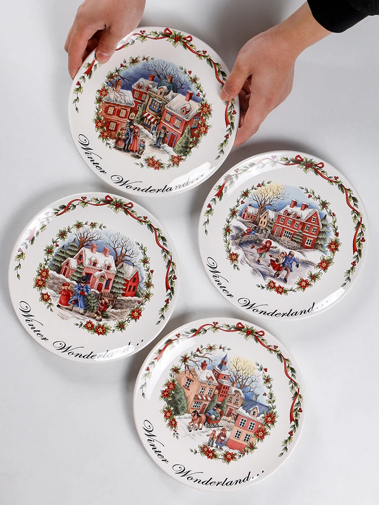

Creative Christmas Round 8 Inch European Town Ceramic Flat Plate Personalized Decorative Plate Microwavable