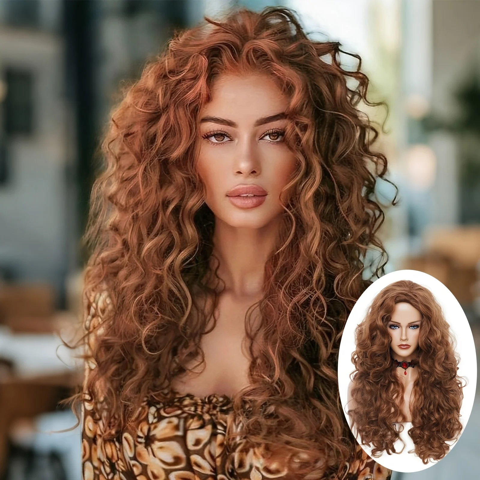 Long brown curly wig for ladies, wavy curly synthetic fiber middle-part wig, soft wavy hairstyle