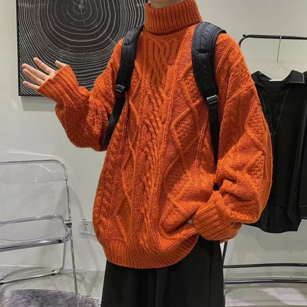 Men\'s Autumn Winter High Collar Loose Knit Sweater Casual Trend Solid Pullover Basic All-Match Retro Elegant Top Japan Campus