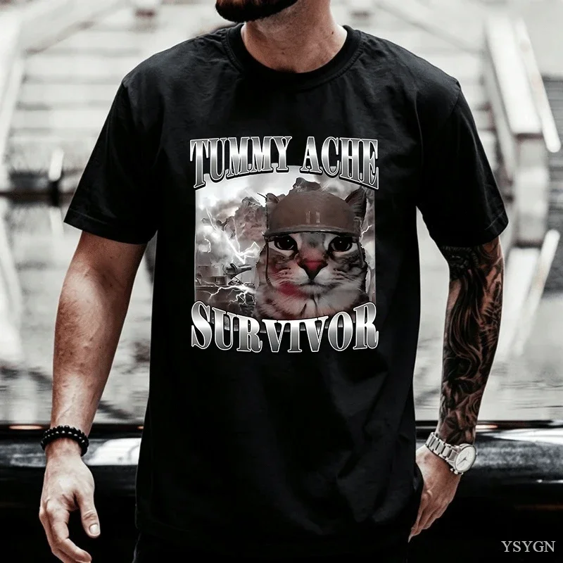 Tummy Ache Survivor Cat Meme T Shirts Man Cotton Funny Saying Cats Animals Printed Tshirt Casual Round Neck Short Sleeved Tees