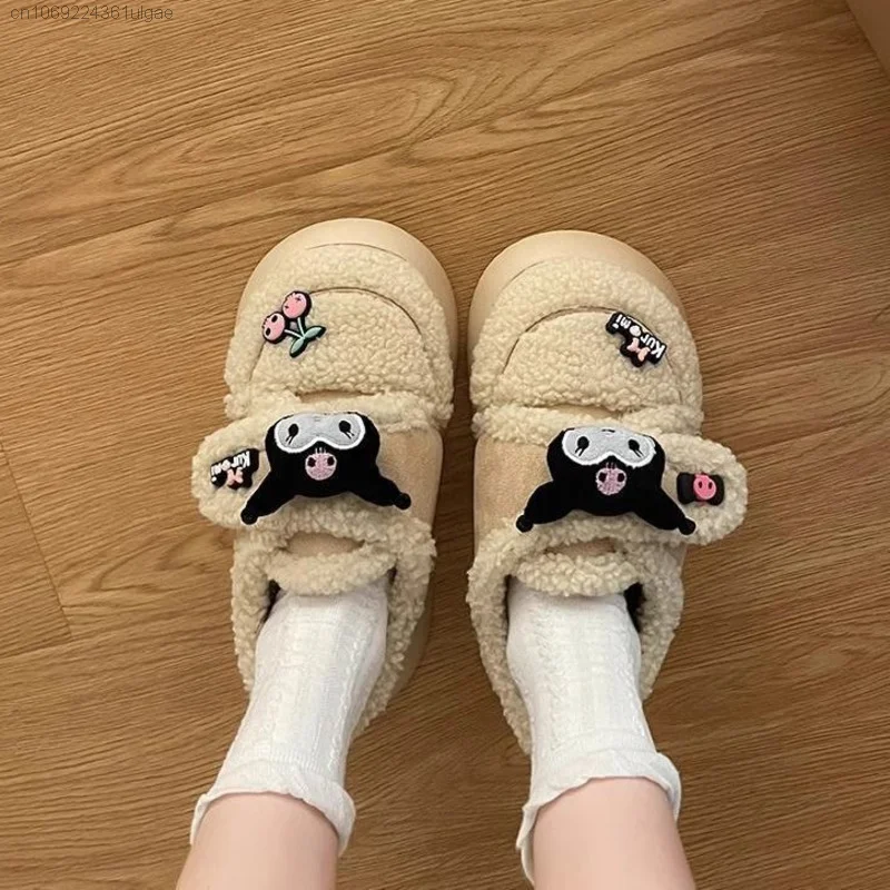 Sanrio Kuromi New Cotton Shoes Women Slippers Autumn Winter Outdoor Platform Shoe Student Versatile Lamb Plush Round Head Shoes