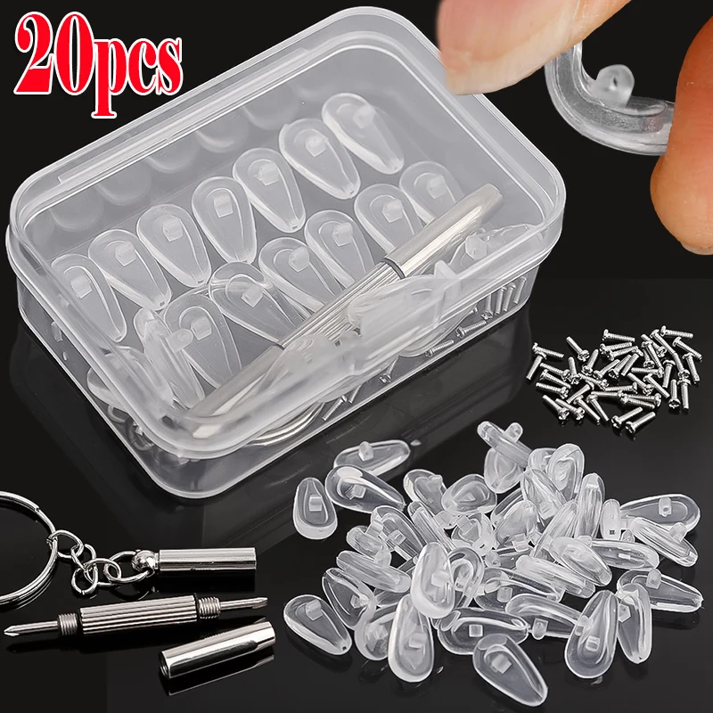 20pcs Eyeglasses Nose Pads with Screwdriver Soft Silicone Air Chamber Glasses Anti-slip Nose Pad Screw Replacement Repair Tools