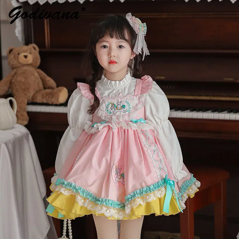 2026 Spring New Fashion Baby Girls Sweet Pink Lolita Princess Dress Kids Cute Print Ruffle Trim Long Sleeve Birthday Party Gown