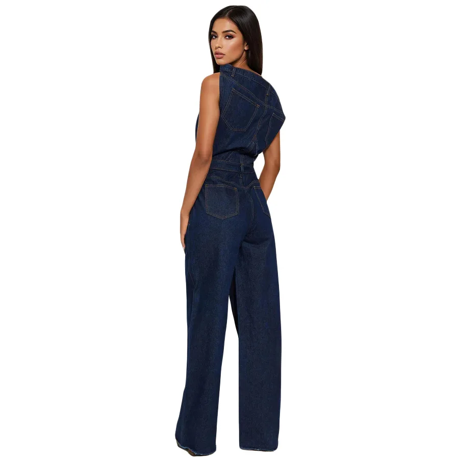 women Jumpsuit One Piece washed denim overalls full length straight jean strapless distressed vintage spliced spring pockets - view 4