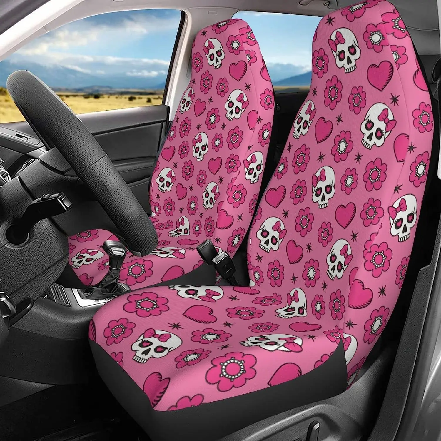 Sugar Skulls Pink Car Seat Covers 2 Pcs Set Vehicle Front Seat Protector Interior Accessories Protetors Car Mat Covers Universal